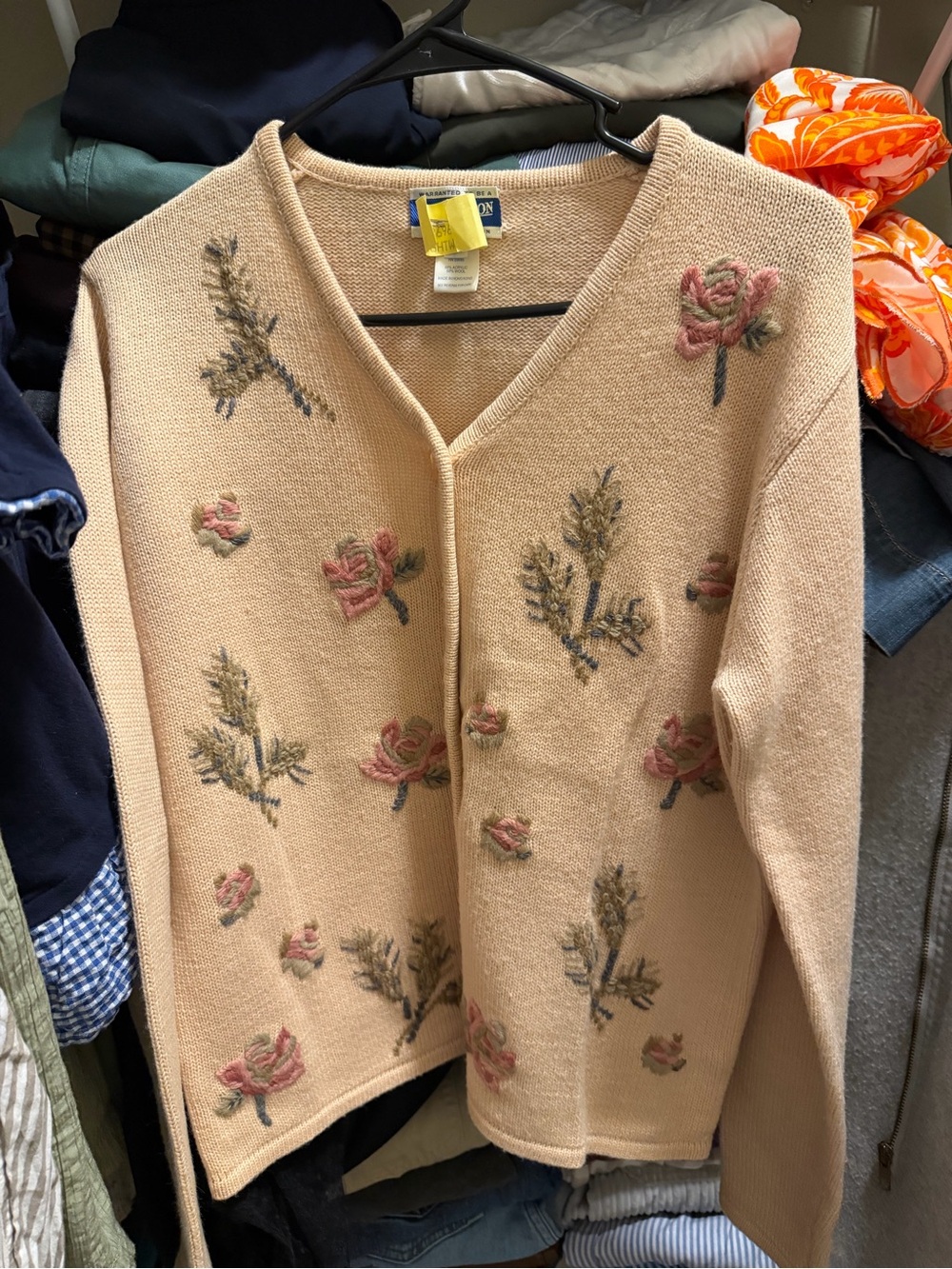Pendleton Peach Embroidered Floral V-Neck Cardigan